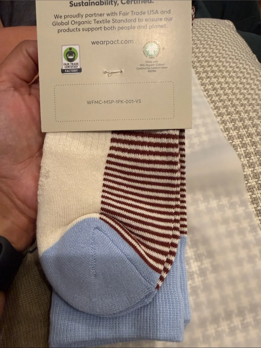 Pact Men's Crew Socks —Olive Wave & Red Stripe with Light Blue Cuff (2-Pack)